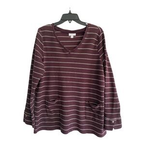 J.Jill V-Neck Long Sleeve Striped Top w/ Front Pockets Size Large PTP 22"